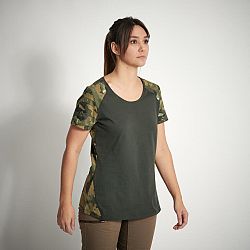 SOLOGNAC Dámske poľovnícke bavlnené tričko 300 s krátkym rukávom zelené maskovanie khaki XS