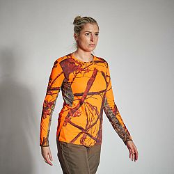SOLOGNAC Dámske poľovnícke tričko 500 s dlhým rukávom nehlučné priedušné maskovacie fluo oranžová 2XS
